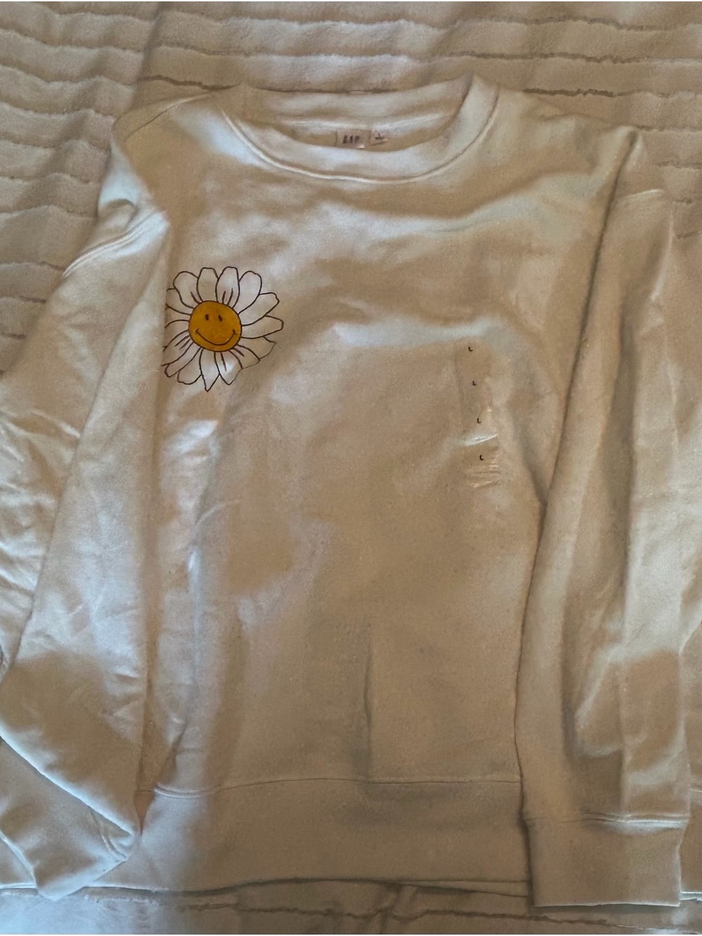 Crewneck Sweater with Smiley Daisy Graphic - White